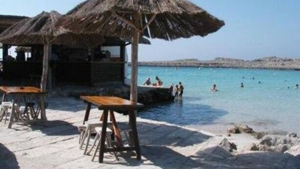 Un bar en la playa con sombrillas de paja y mesas de madera.