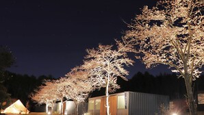 A row of portable cabins with a tree in the foreground. - Fujino Kirameki (Gotemba)