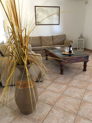 Smart-tv, een open haard, een dvd-speler en een tafeltennistafel