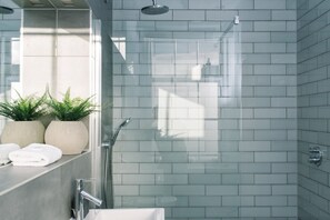 Shower, hair dryer, towels, shampoo