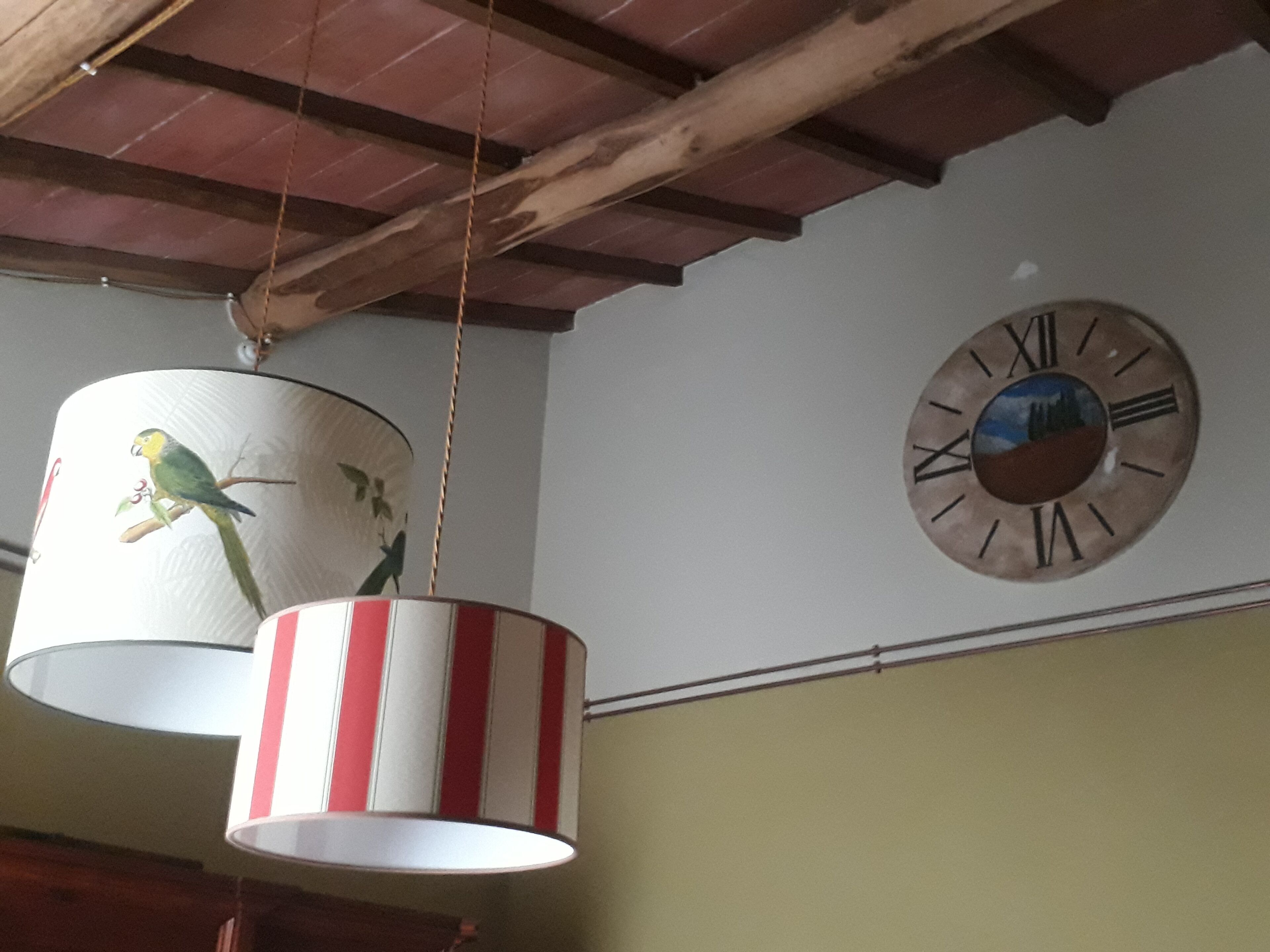 Une pièce décorée d’une suspension au design représentant un perroquet et d’une horloge murale avec des chiffres romains.