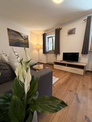 A living room with a sofa, a glass coffee table, a TV on a wooden stand, a lamp, and a window with curtains. - Apartment no. 4 Amara for 1-3 pers., 42 m², 1 sep. bedroom. (Bischofswiesen)