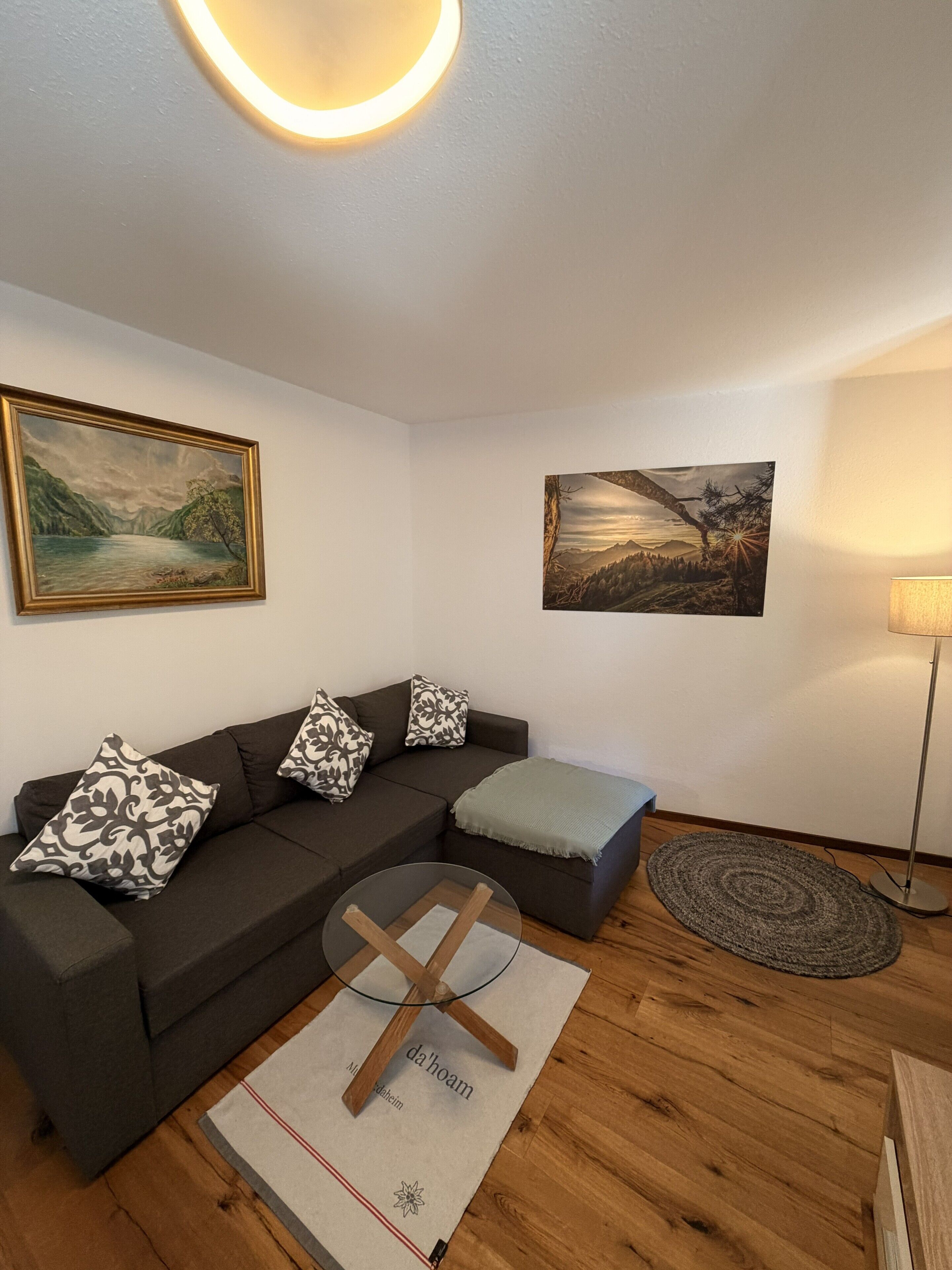 A modern living room with a dark brown sofa, patterned cushions, two wall-mounted paintings, a standing lamp, and a wooden floor.