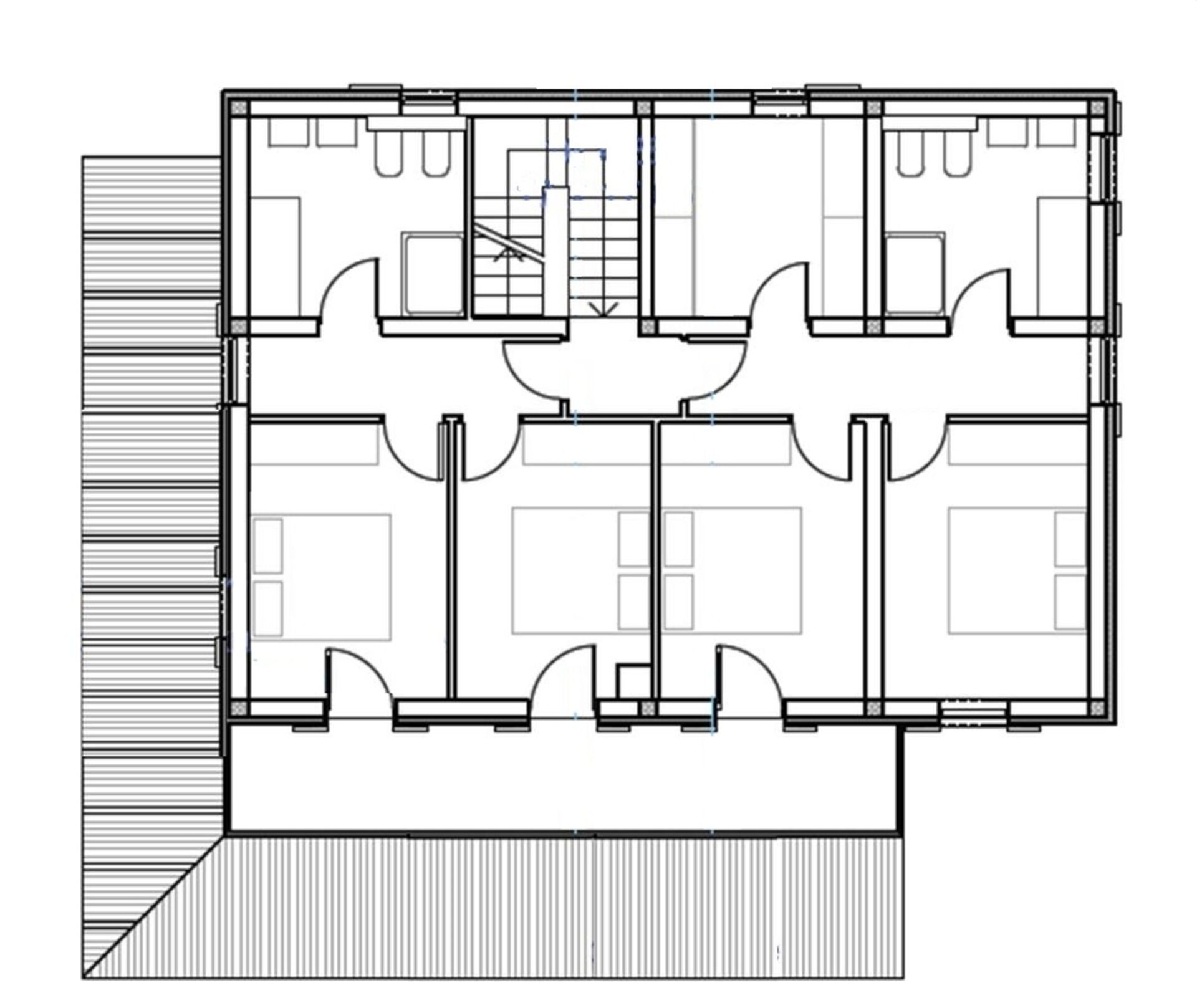 A floor plan of a hotel with four rooms, a staircase, and a central hallway.