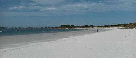 Una playa con una amplia orilla arenosa, agua tranquila y algunas personas caminando.