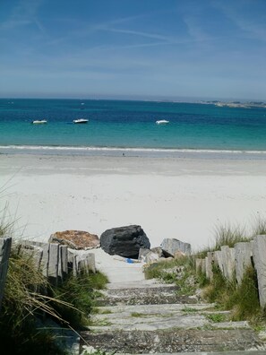 On the beach, sun loungers