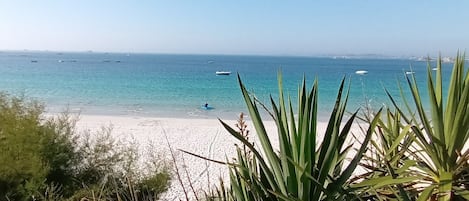 On the beach, sun loungers