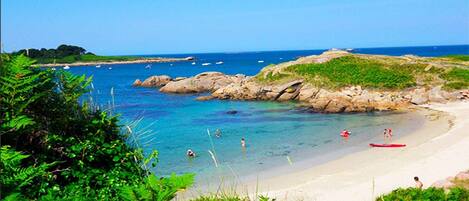 On the beach, sun loungers