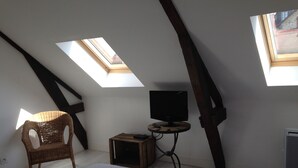 Ein Schlafzimmer mit schrägen Wänden, zwei Oberlichtern, einem Bett mit rotem Kissen, einem Korbstuhl, einem kleinen Tisch mit Fernseher und einem Heizgerät.
