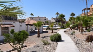 A pathway leading to a building with a tiled roof, surrounded by palm trees and other desert vegetation.
