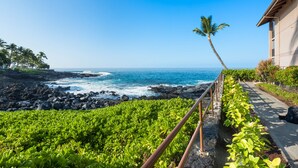 A coastal walkway with a railing, a palm tree, and a building with a balcony overlooking the ocean. - Beautiful 2 bedroom Ocean Front Building 1 at Kona Makai. (Kailua-Kona)