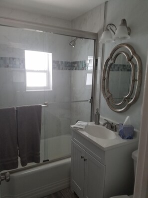 Regadera, secadora de cabello, toallas, papel de baño 