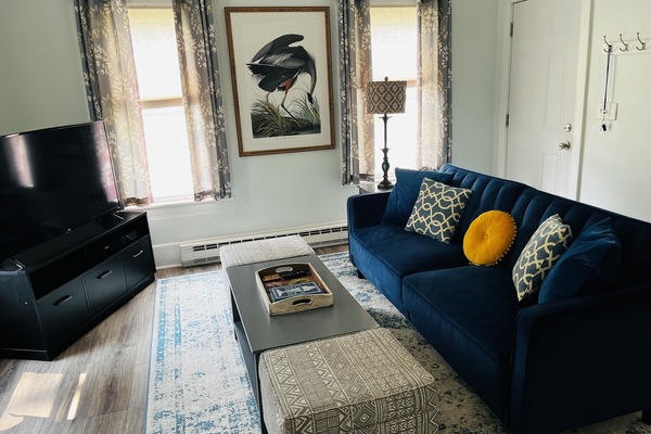 Living room. Couch converts to full sized bed. Extra linens provided.