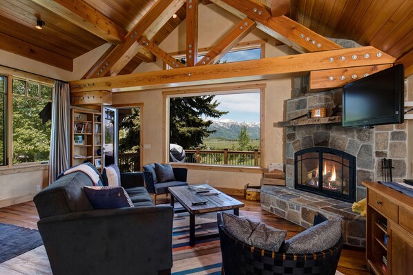 Télévision, cheminée, lecteur de DVD, livres