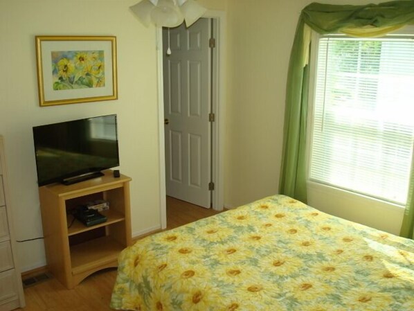 Un dormitorio con cama, televisor sobre un soporte de madera, una puerta y una ventana con cortinas.