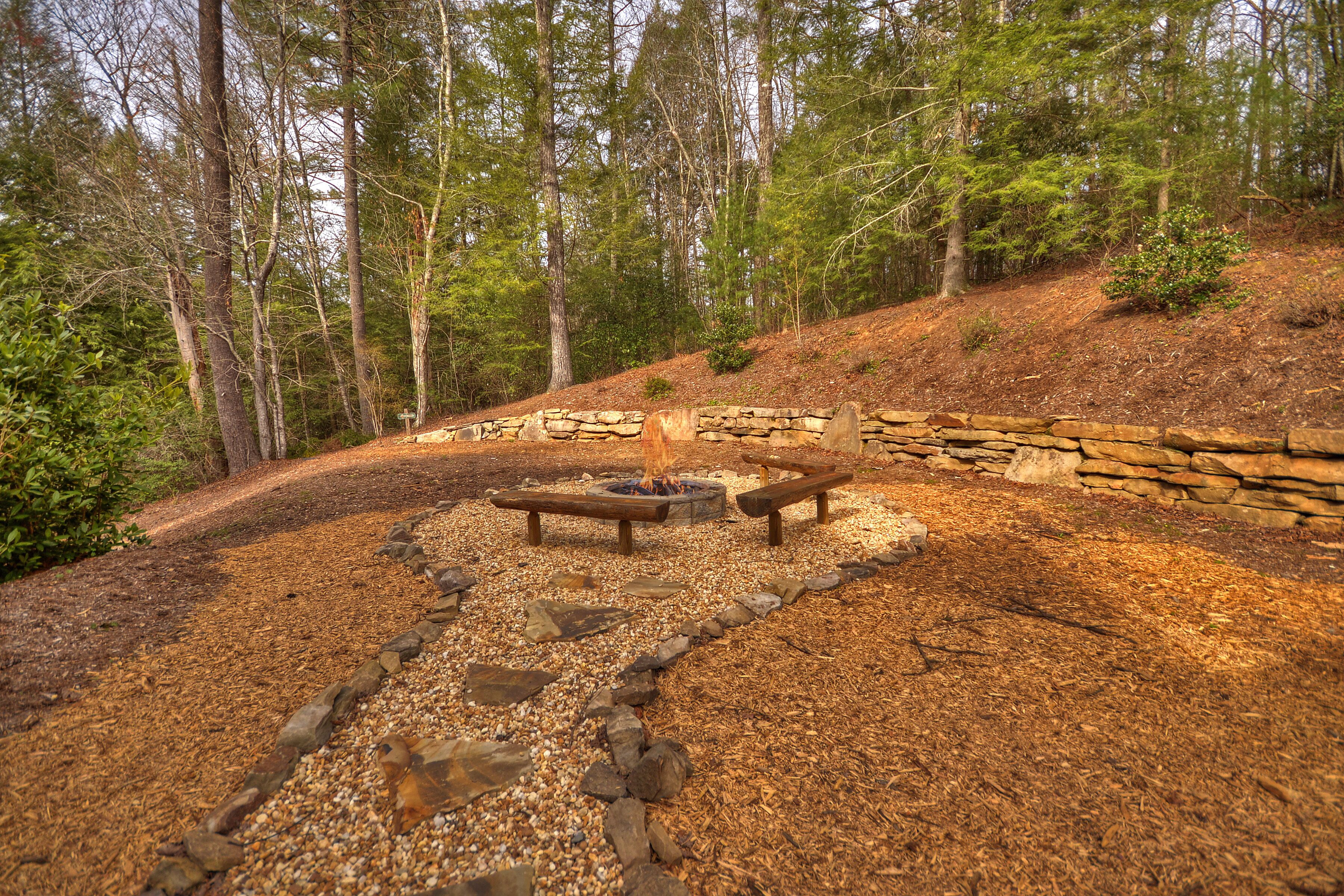 A forested area with a stone wall, a fire pit, and benches.