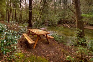 A wooden picnic table in a forested area near a stream. - Reel Creek Lodge - Fightingtown Creek (Blue Ridge)