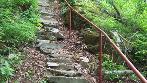 A stone staircase with metal railings in a forested area. - Authentic Mountain Log Cabin Perched On A Cliff Side Above The Shenandoah River (Front Royal)