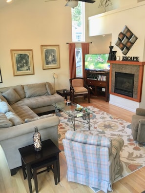 Smart TV, fireplace, video games, DVD player