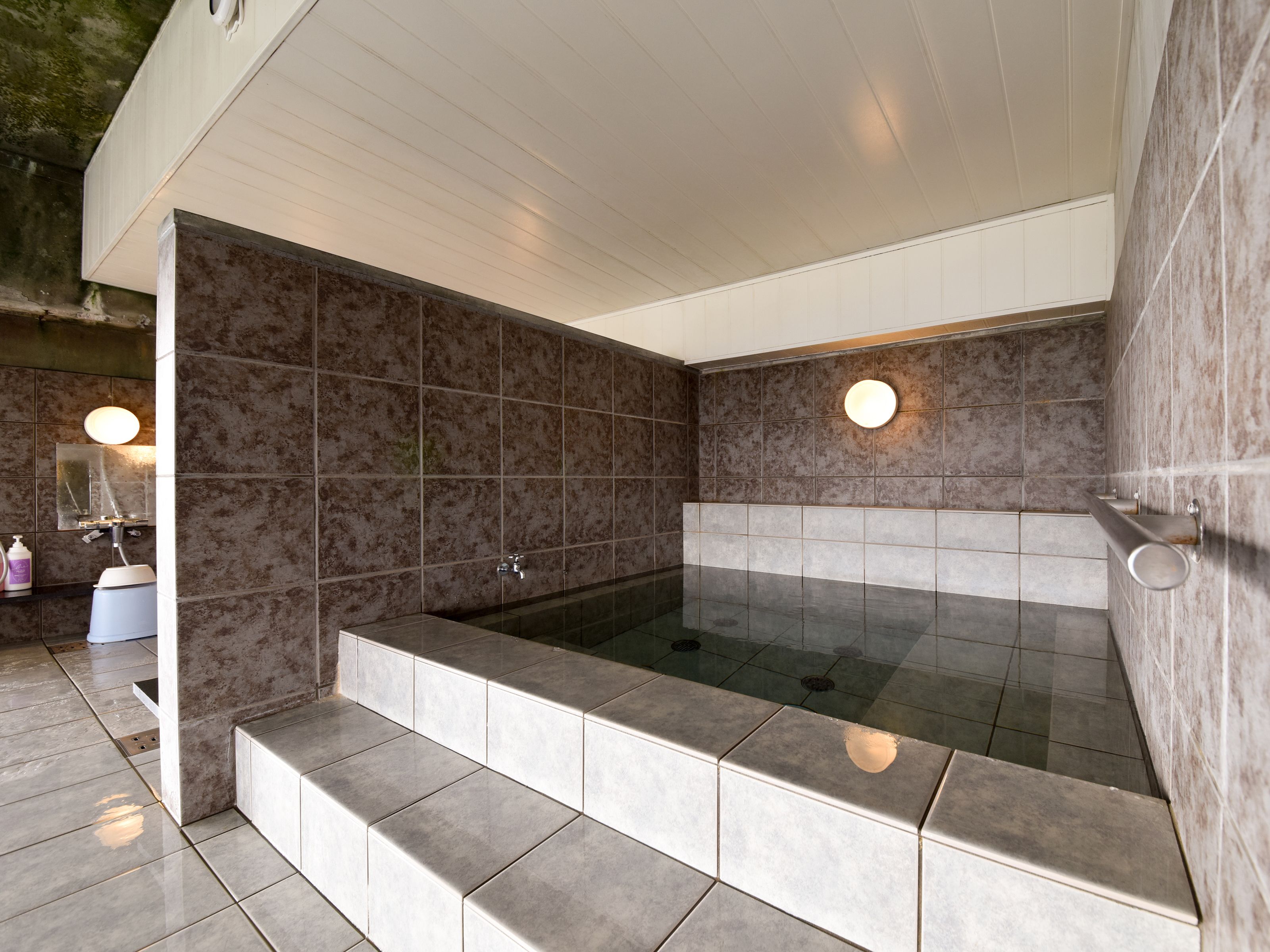 A modern bathroom with a large bathtub, tiled walls, and a step leading into the tub.