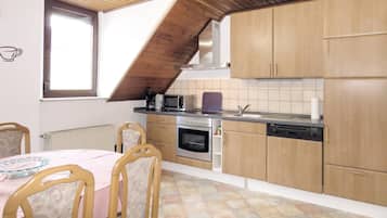 Fridge, stovetop, dishwasher, coffee/tea maker