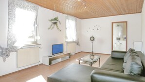 Un salon avec un canapé vert, un téléviseur, une plante suspendue et une horloge au mur.