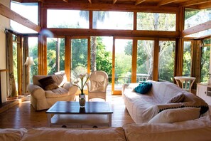 Family House, 3 Bedrooms, Park View, Garden Area | Living room | Flat-screen TV, fireplace - Constantia Home On Alphen Trail (Cape Town)