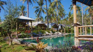 Un área de piscina con sillones de descanso y sombrillas, rodeada de palmeras y plantas tropicales.