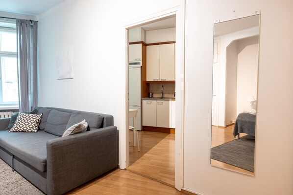 Un salon moderne avec un canapé gris, une petite cuisine à l’arrière-plan et un grand miroir au mur.