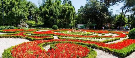 A garden with geometric flower beds and a stone structure.
