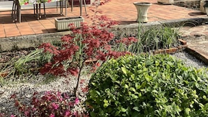 Uma casa com um alpendre, mesa e cadeiras, um jardim com diversas plantas e uma porta de correr de vidro.