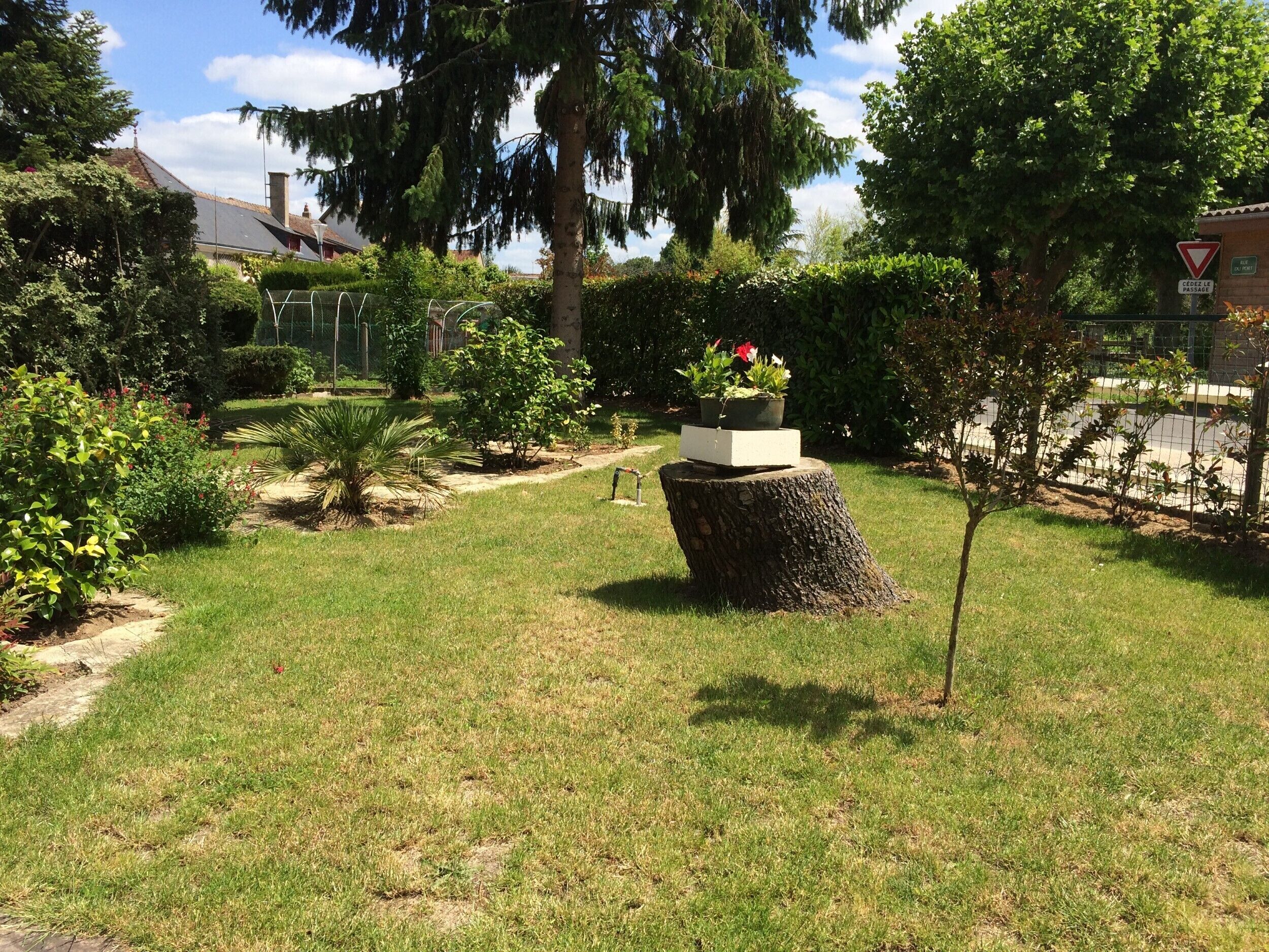 A well-maintained garden with a variety of plants and a tree stump centerpiece.