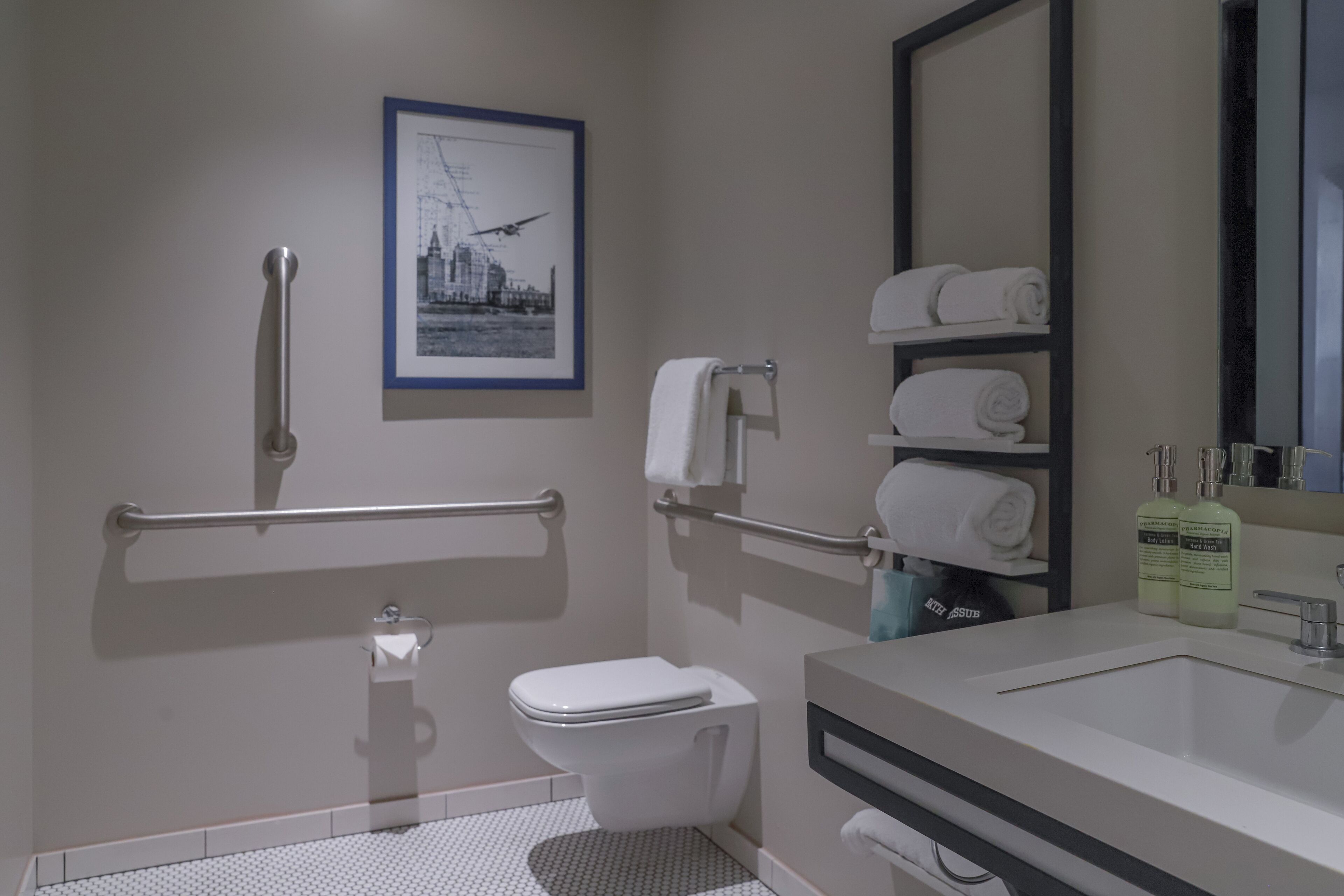 Un baño moderno con inodoro, barras de apoyo, lavamanos y espejo.