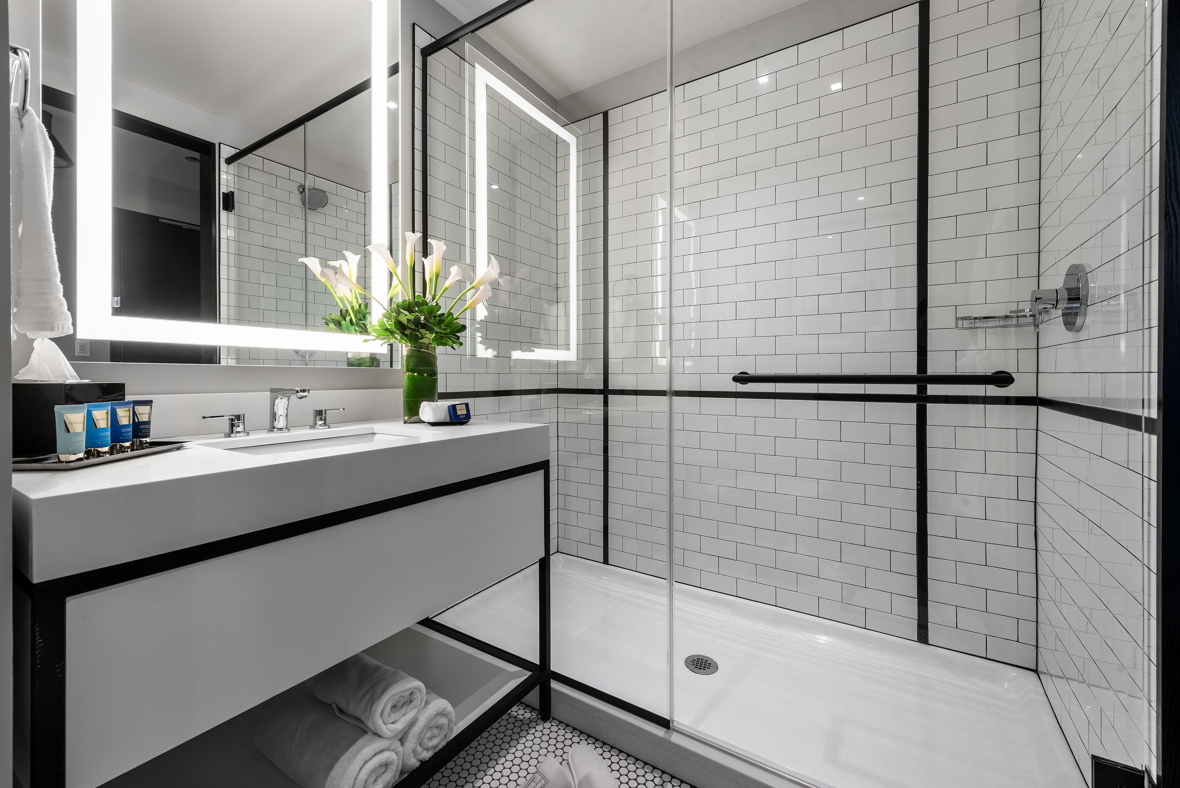 shower, rainfall showerhead, designer toiletries, bathrobes