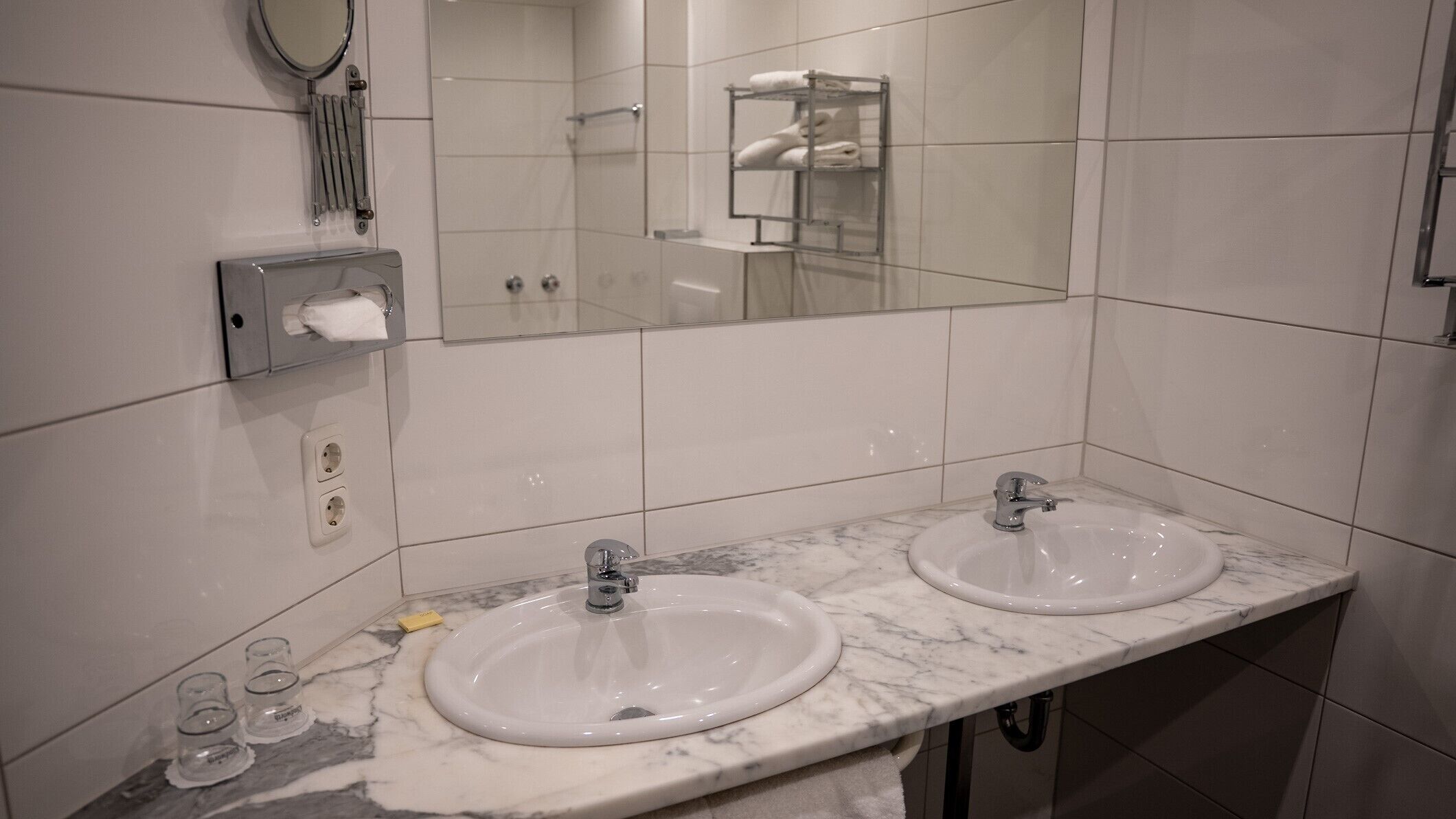 hair dryer, towels, soap, shampoo