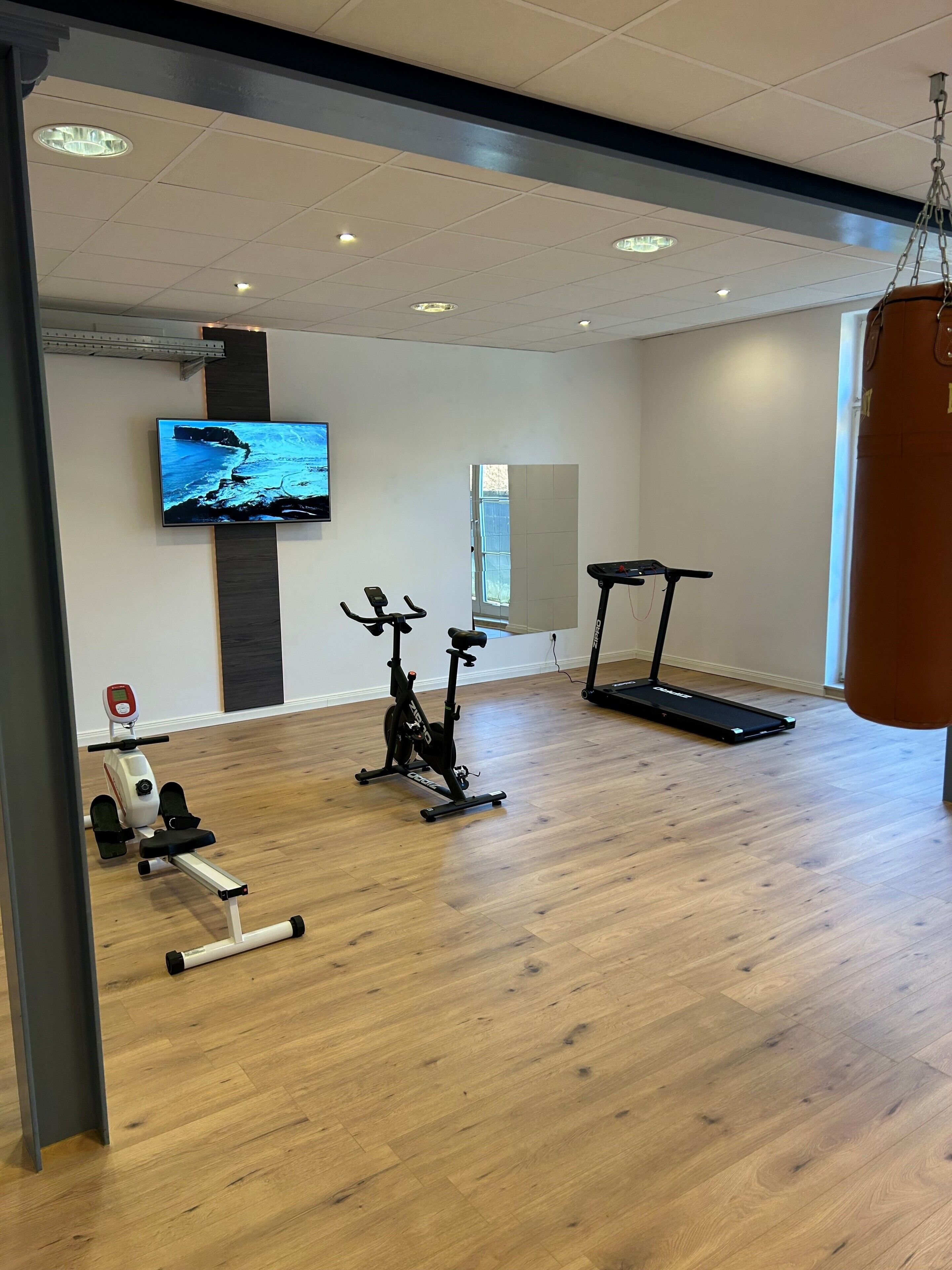 Une salle de sport équipée de matériel d’exercice, d’un téléviseur et d’un sac de frappe.