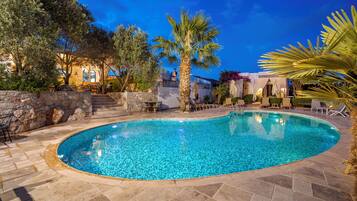 Outdoor pool, pool umbrellas, pool loungers