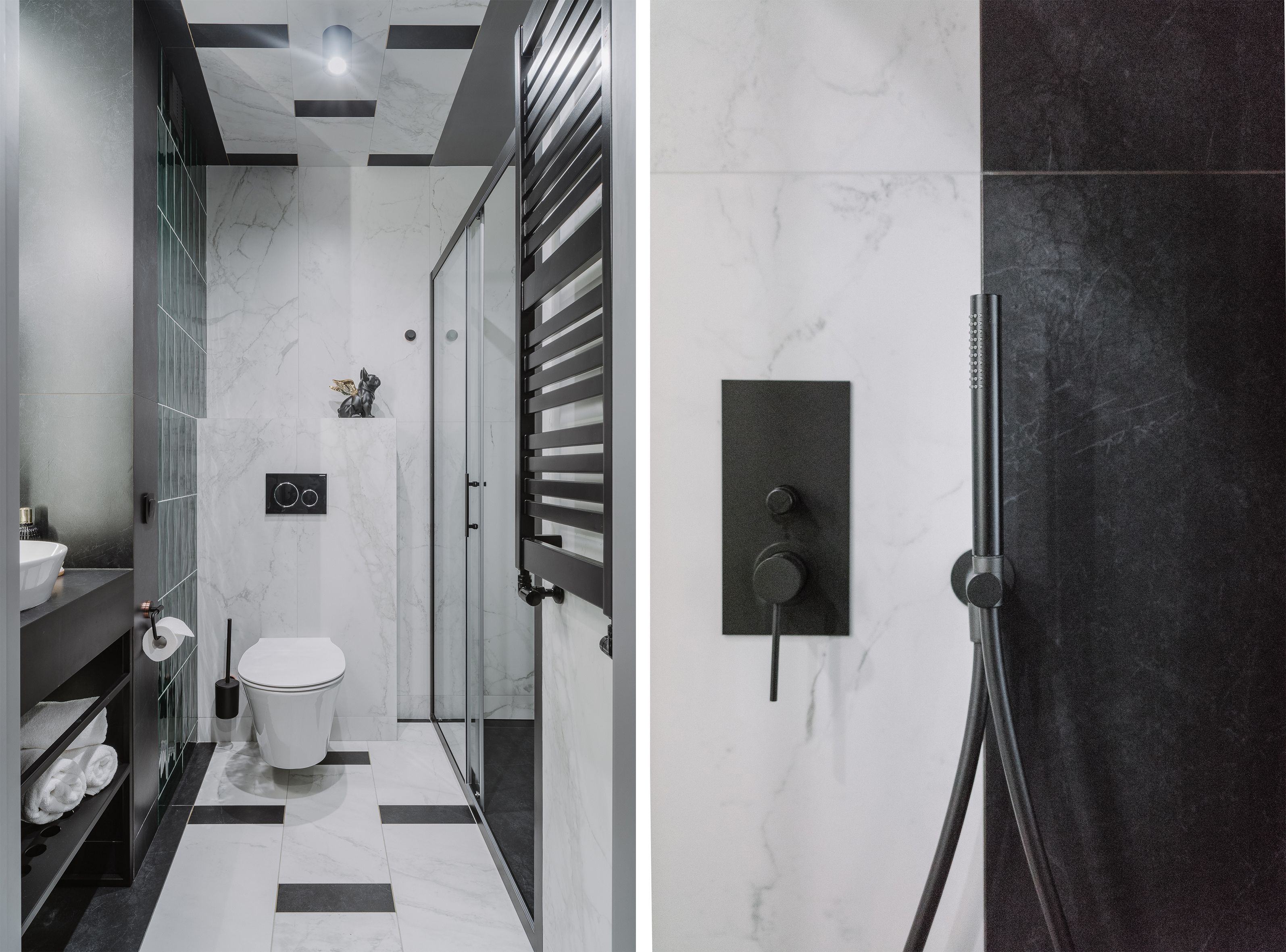 A modern bathroom with a white toilet, a glass shower enclosure, and a dark marble wall.