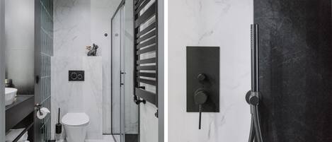 A modern bathroom with a white toilet, a glass shower enclosure, and a dark marble wall.