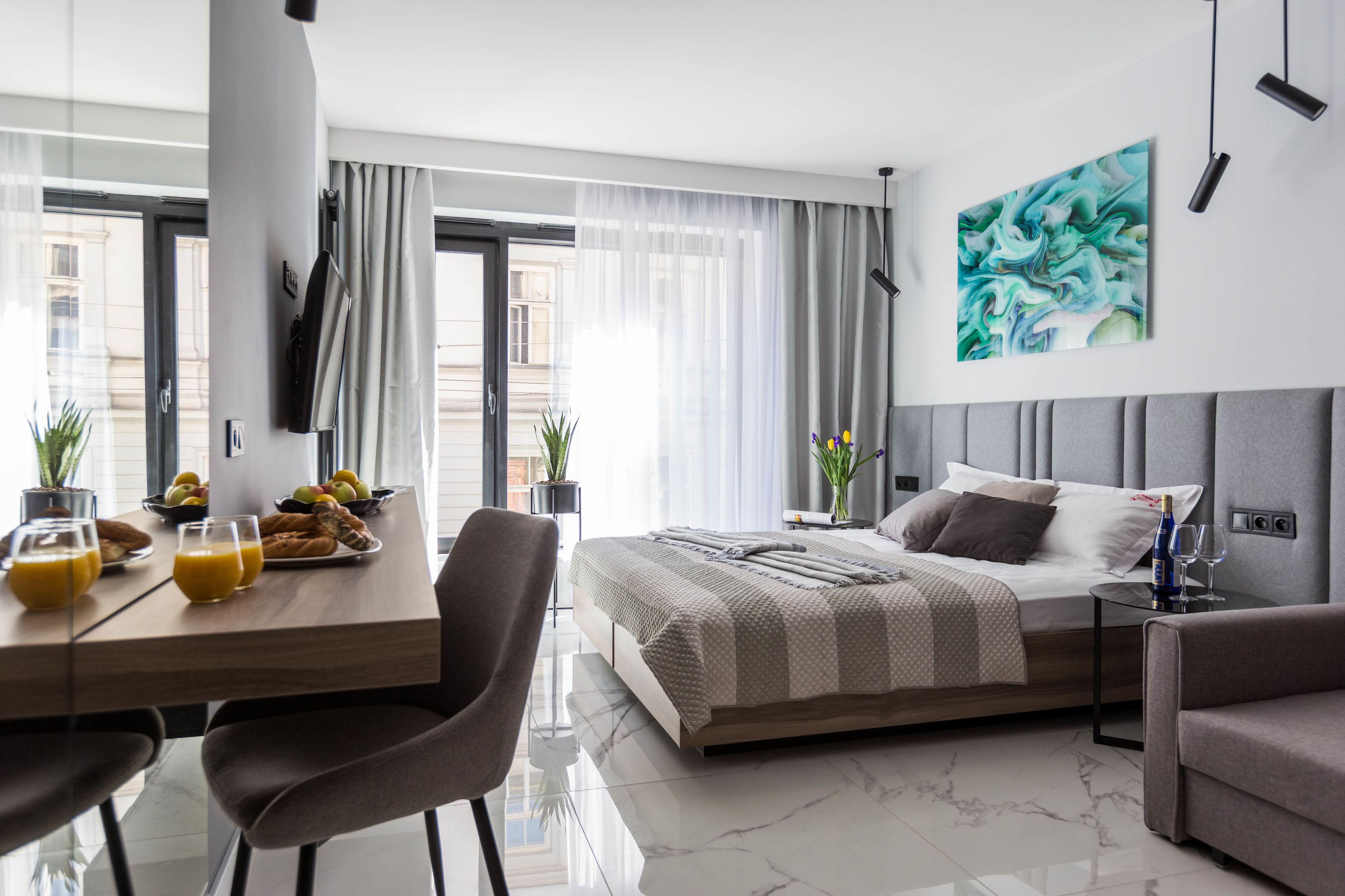 premium bedding, individually decorated, desk, blackout curtains