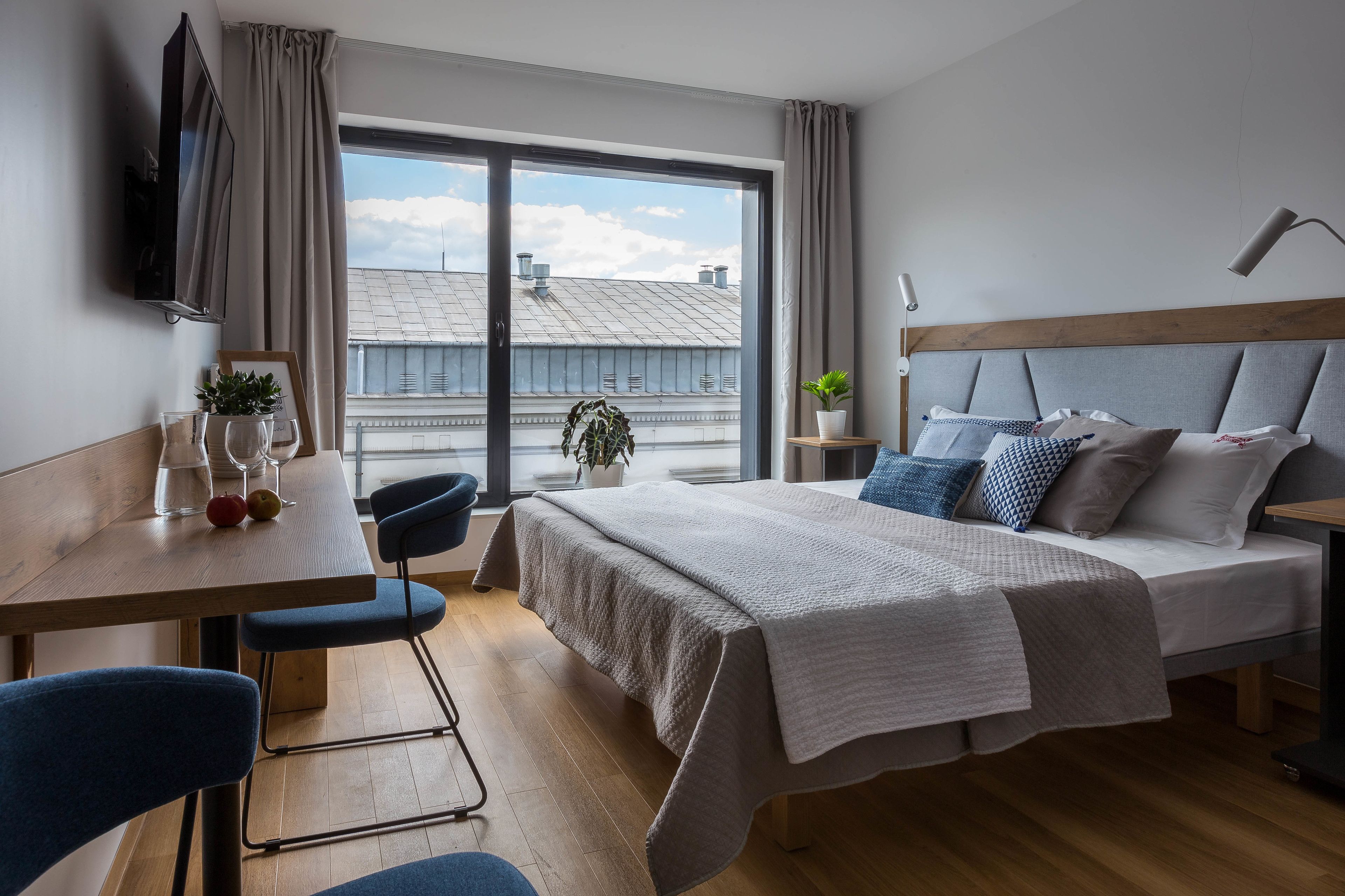 premium bedding, individually decorated, desk, blackout curtains