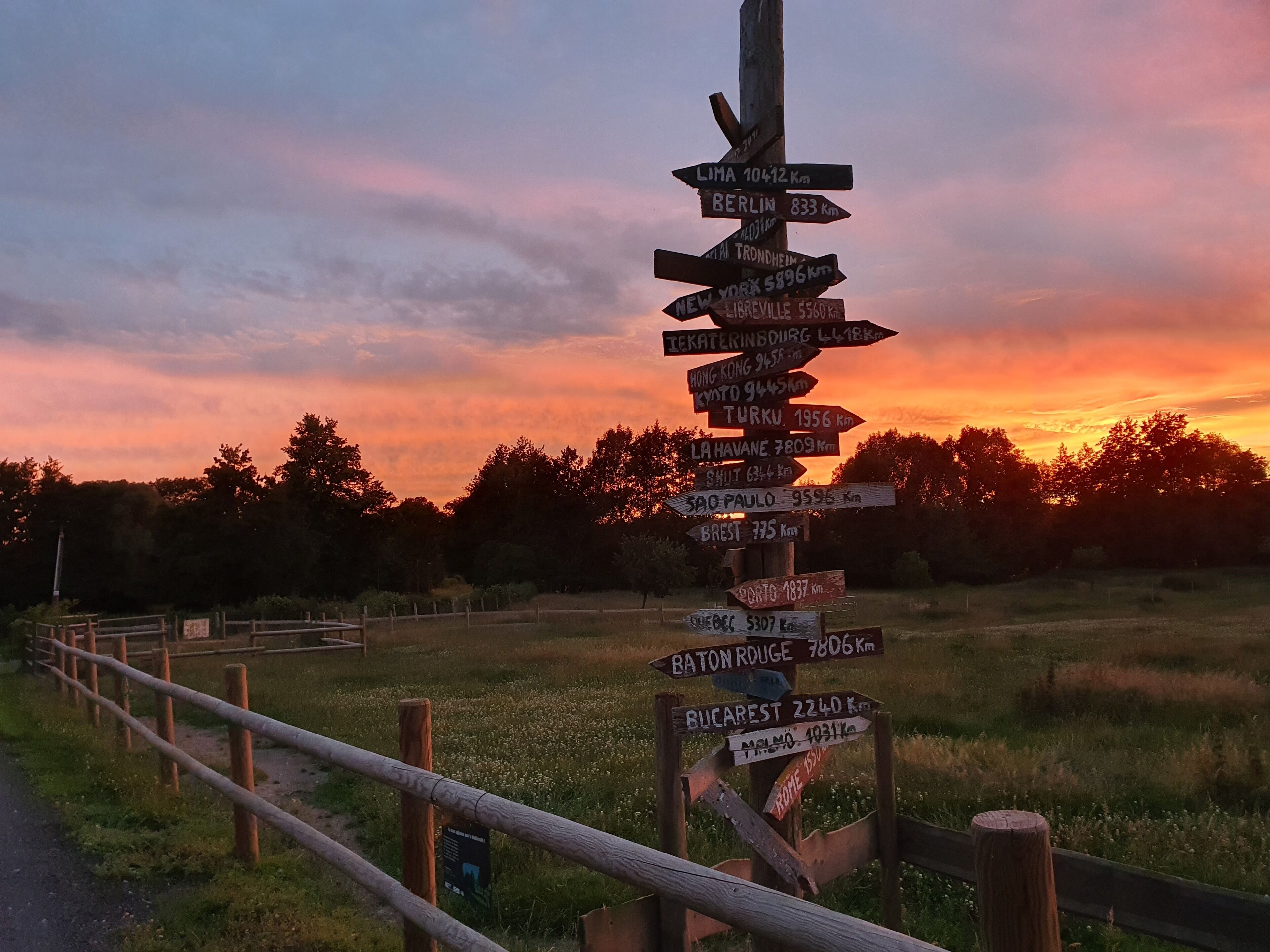 A directional signpost with multiple destination labels.