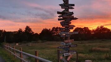 A directional signpost with multiple destination labels.