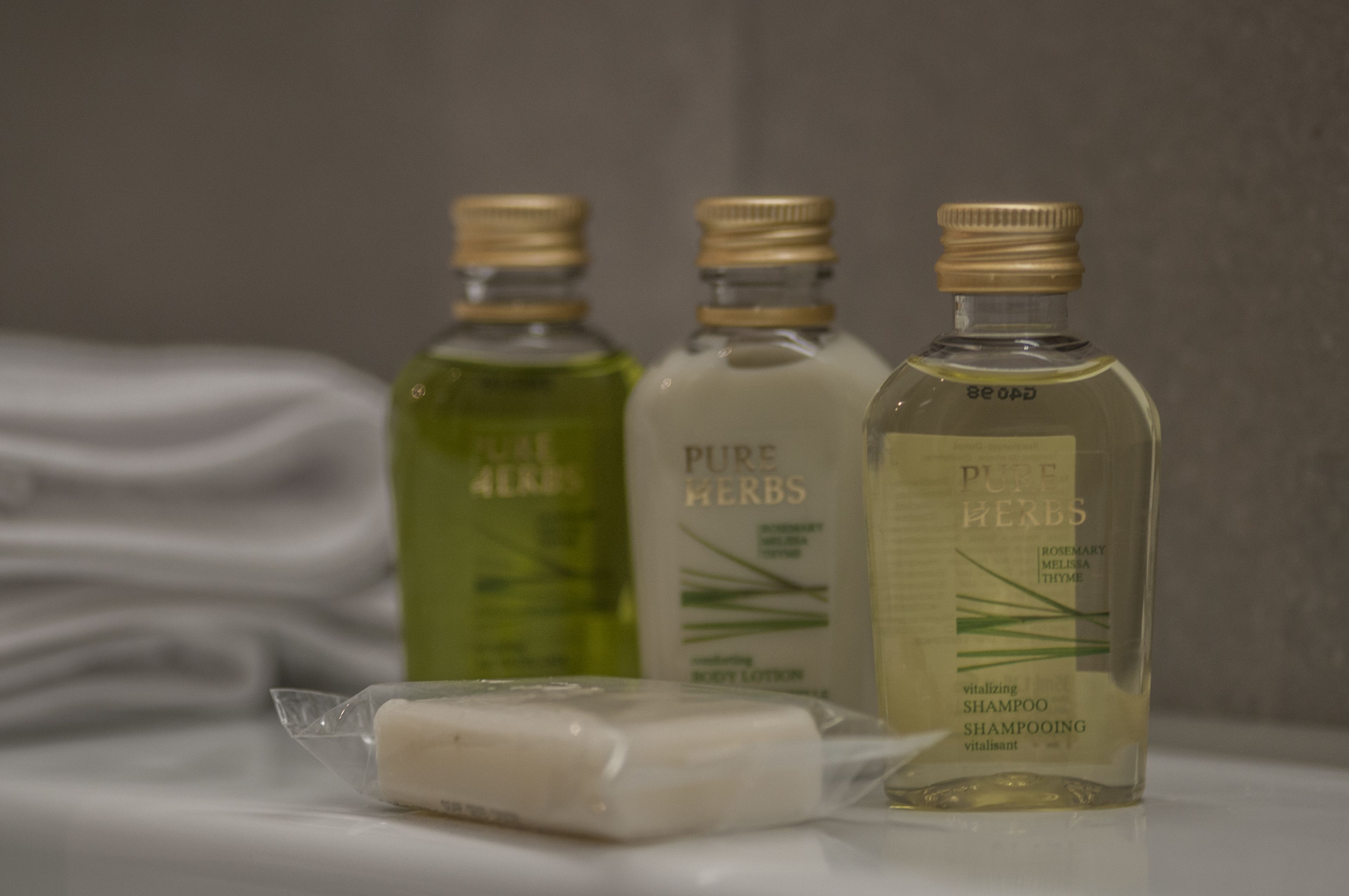 free toiletries, hair dryer, slippers, towels