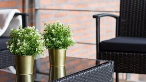 Two small potted plants on a table with a woven chair and a brick wall in the background. - 2ndhomes Kamppi Center Apartment (Helsinki)