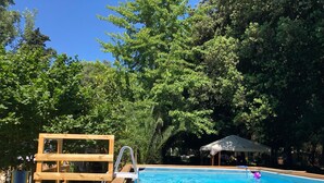 A swimming pool with a wooden deck and a covered seating area, surrounded by lush greenery.