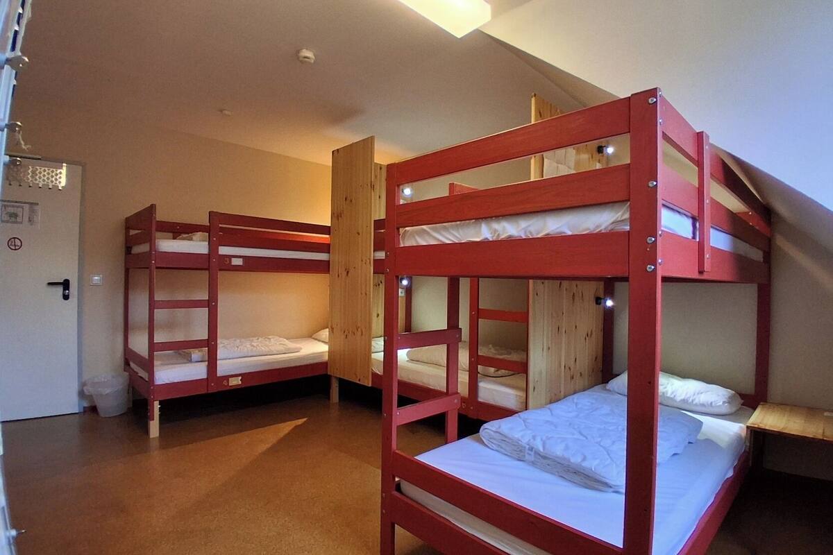 A dormitory room with bunk beds, a door, and a trash bin.