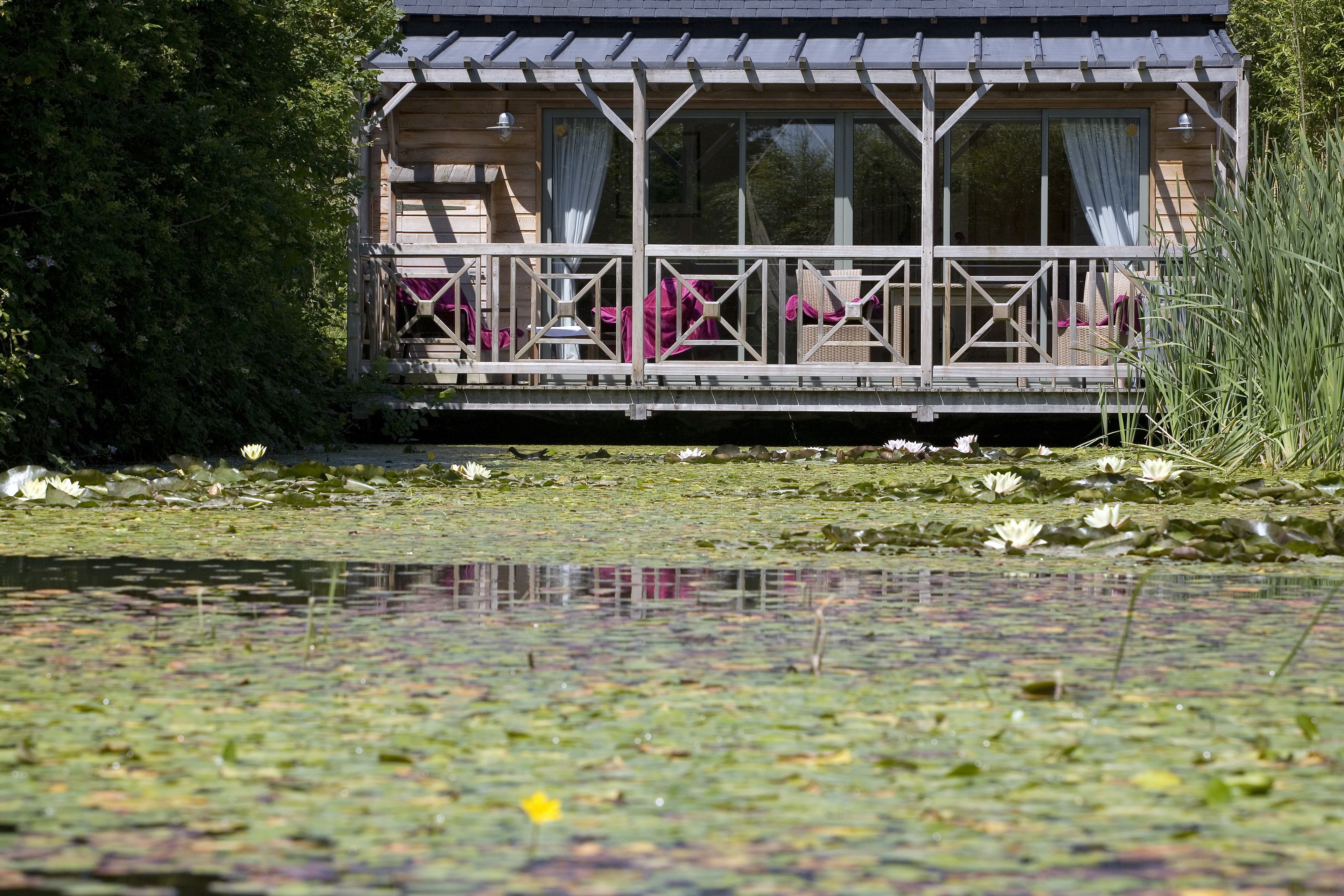 Eine Holzhütte mit Balkon mit Blick auf einen Teich voller Seerosen.