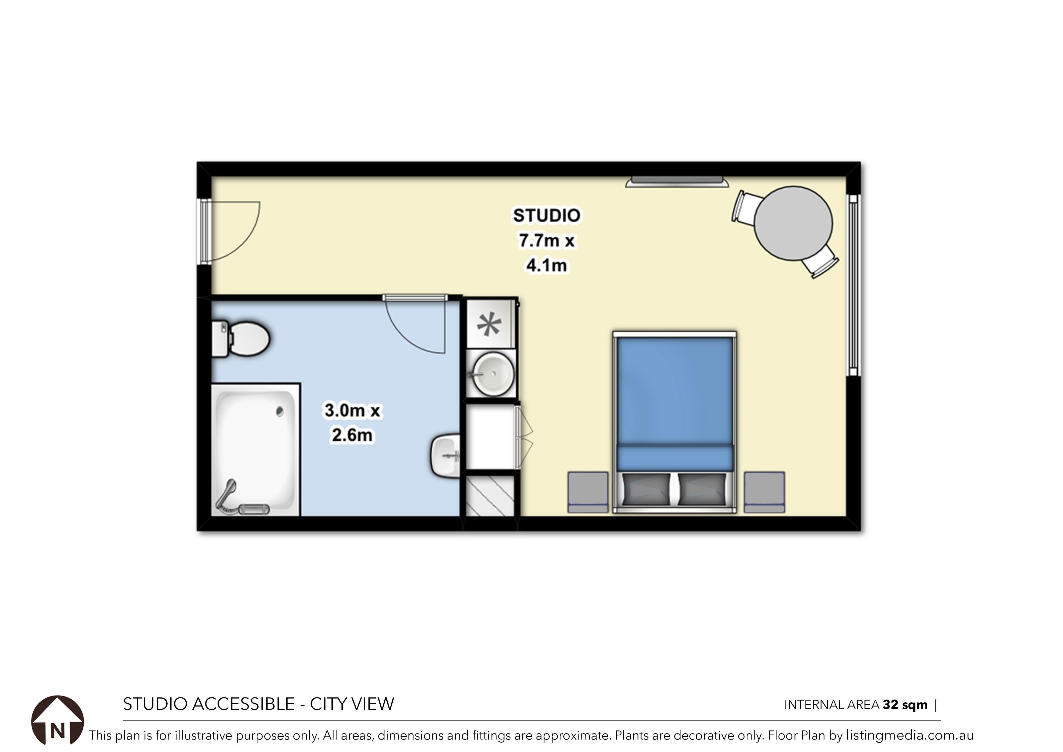 studio accessible city view | living area | 48-inch flat-screen tv with cable channels