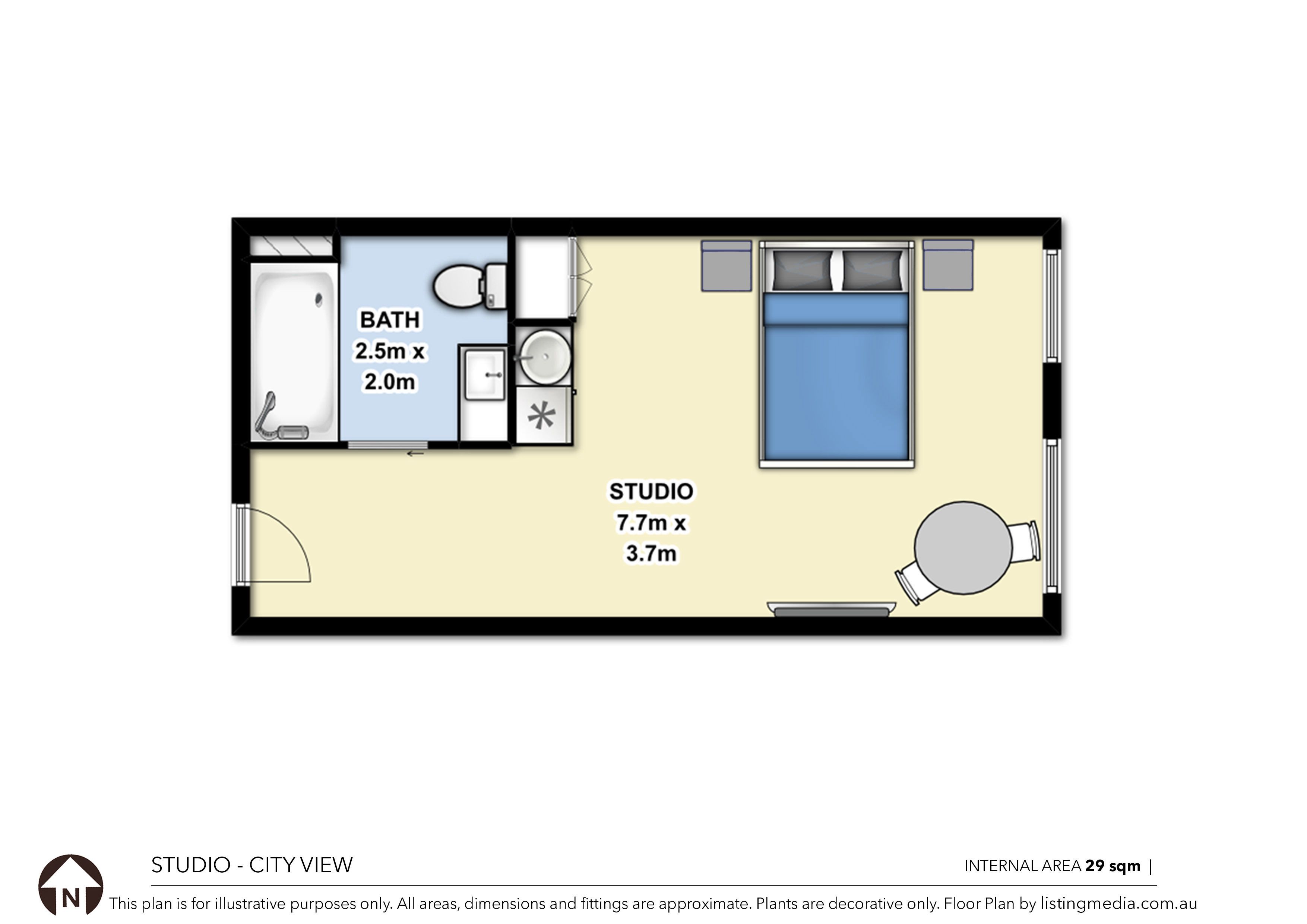 A floor plan of a studio apartment with a bathroom, kitchenette, and a living area.